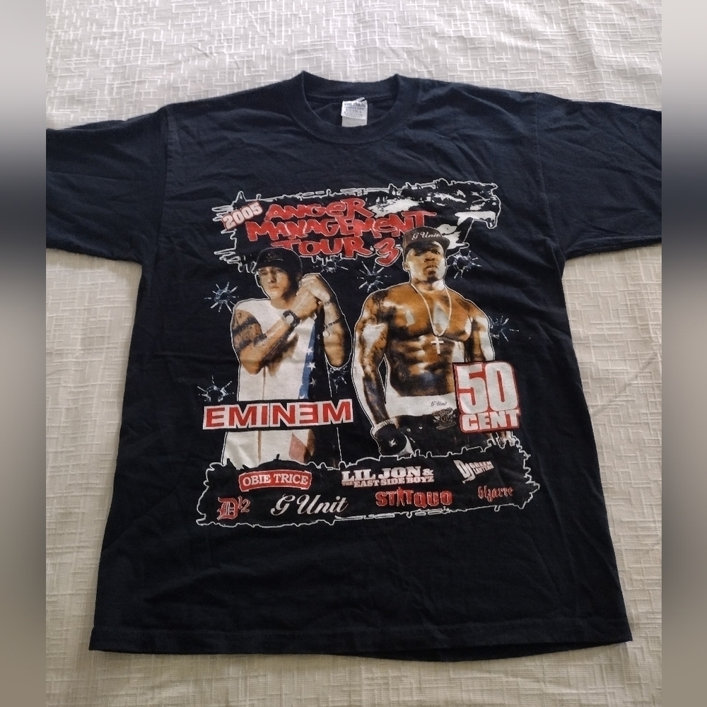 Eminem 50 Cent Anger Management Tour 3 2005 T-shirt Rare Holes On Shoulder